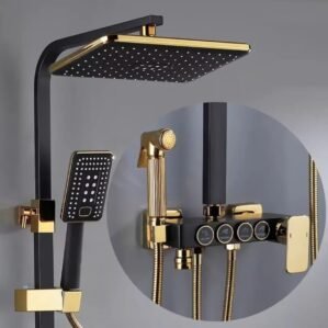 Colonne de Douche Thermostatique Design – Noir Mat & Or Brillant